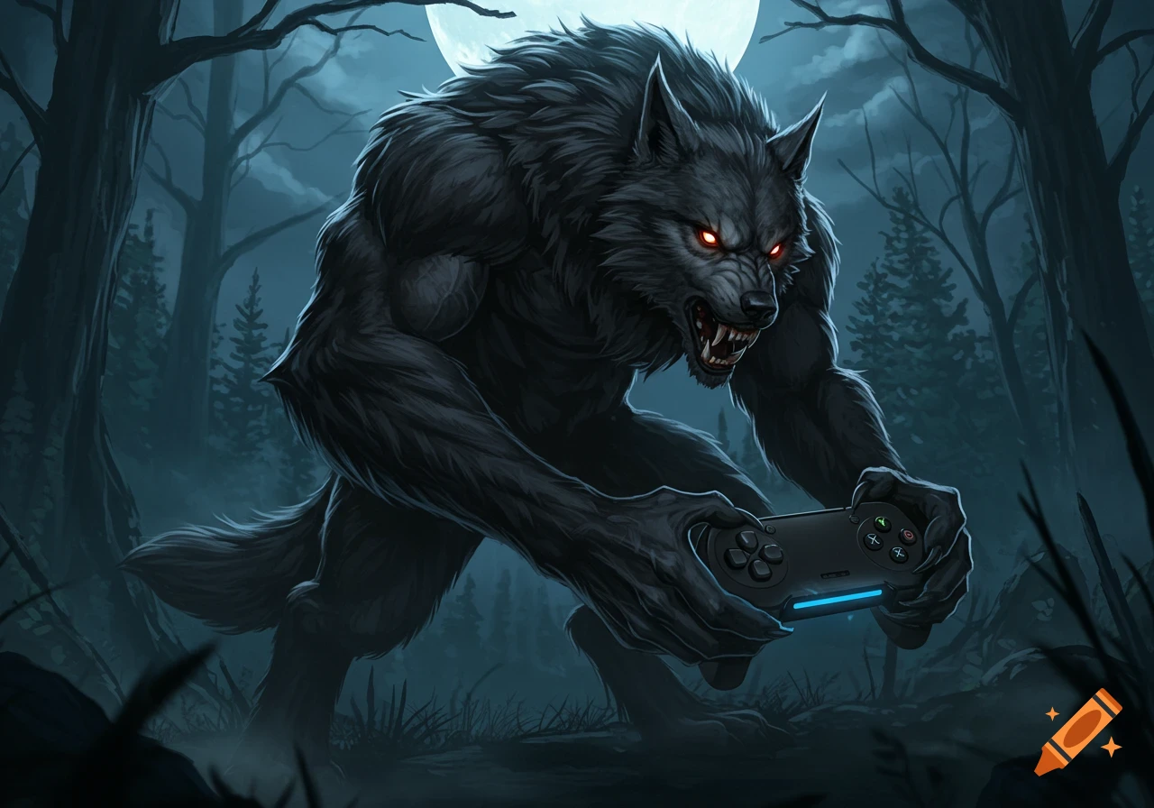 A fierce werewolf with glowing red eyes crouches in a dark forest at night, gripping a game controller. Digital art.