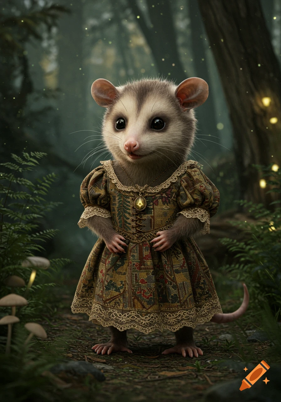 A cute possum in an elaborate medieval dress stands in a mystical forest with glowing fireflies.