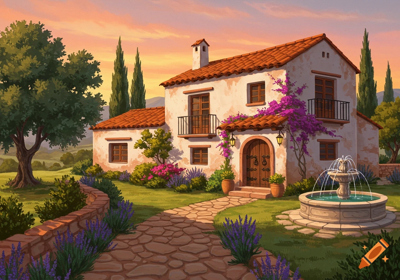 A vibrant illustration of a stucco house with a red tile roof, purple flowers, a stone path, and a fountain at sunset.
