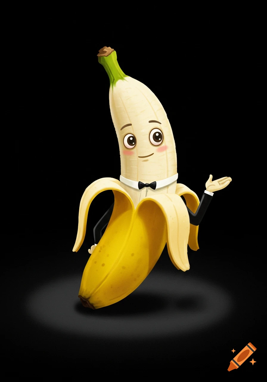 A cute, smiling, cartoon banana in a tuxedo, partially peeled, with arms, on a black background.