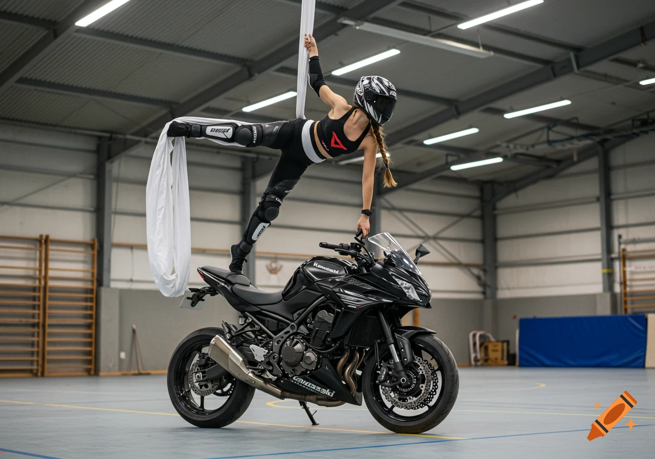 A woman in a helmet and athletic gear performs aerial silks over a black Kawasaki motorcycle in a gym.