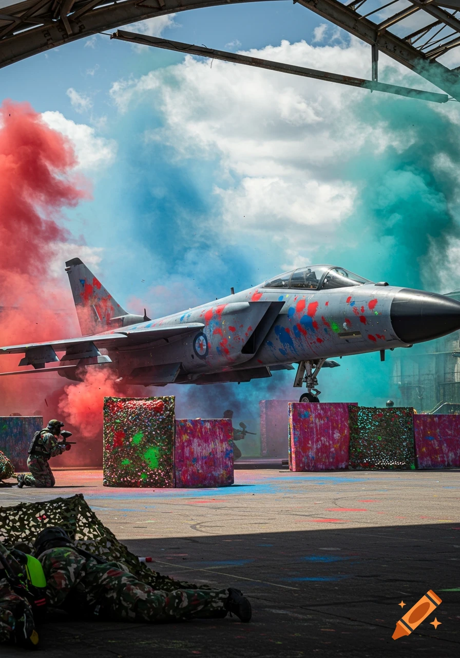 Photorealistic image of a gray jet plane splattered with colorful paint, amidst red and blue smoke, while people play paintball below.