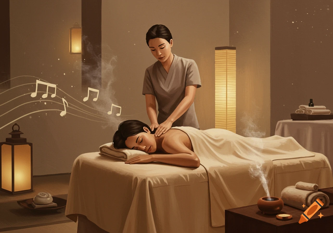 Illustrated scene of a woman getting a back massage in a tranquil spa room with musical notes and an essential oil diffuser.