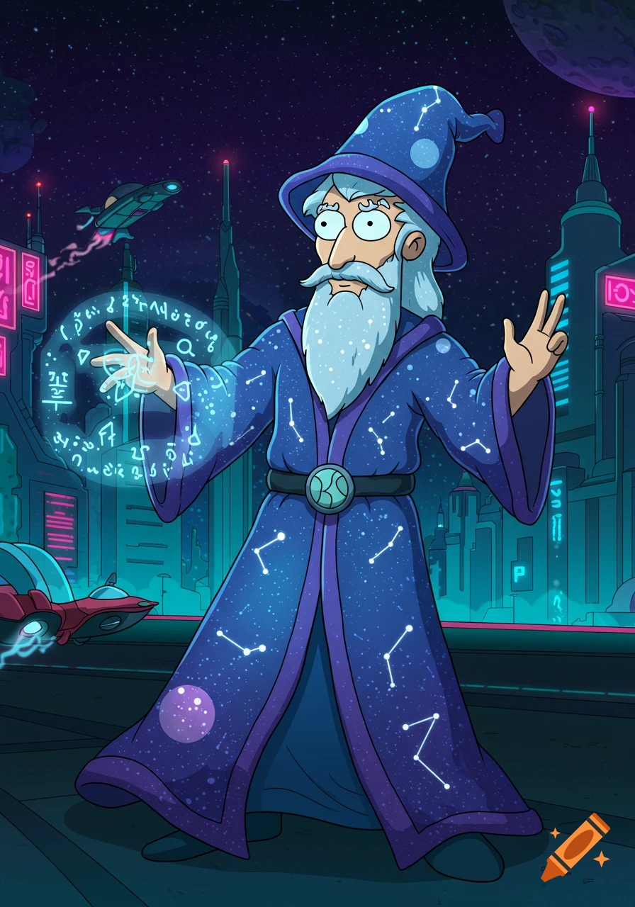 A cartoon wizard in a starry robe casts a glowing spell in a futuristic city under a starry, purple sky.