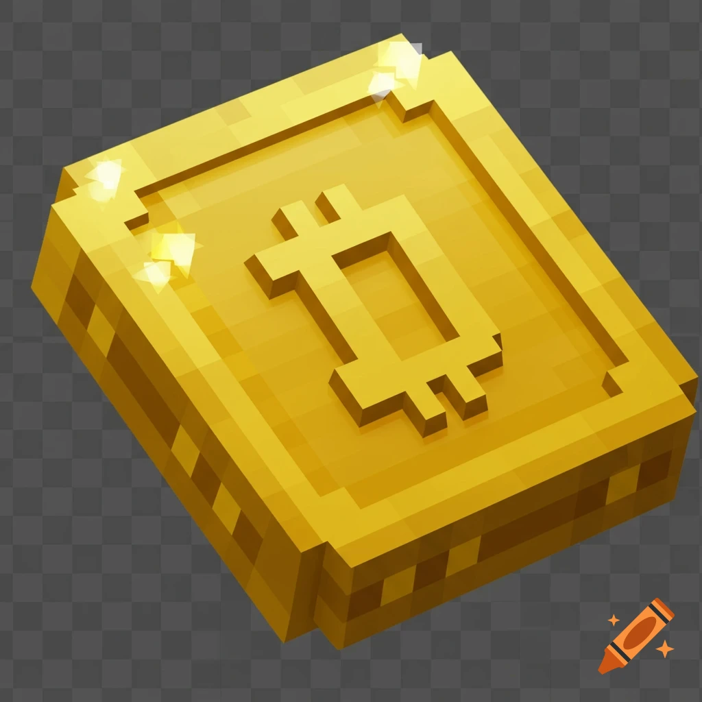 A golden pixel art Bitcoin coin with a transparent background.