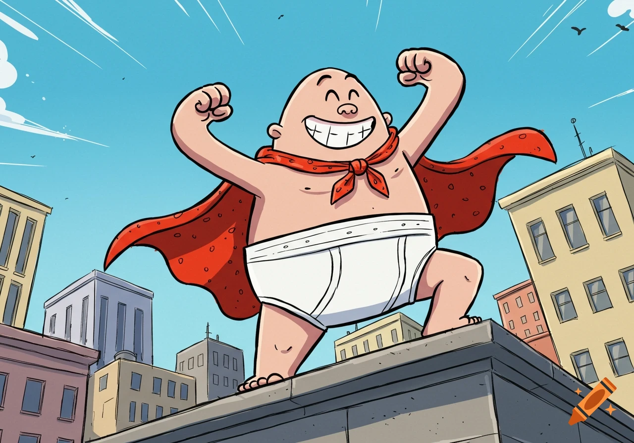 Captain Underpants in white briefs and a red cape flexes on a city rooftop under a blue sky.