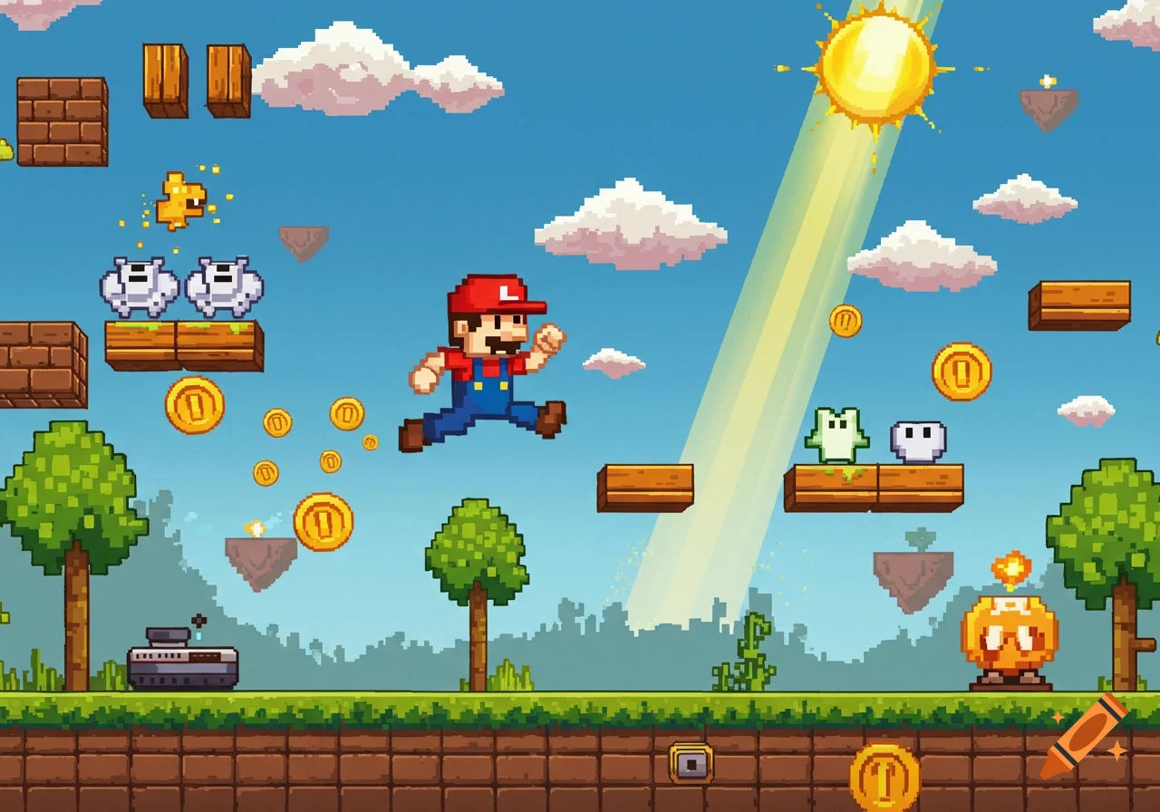 A colorful pixel art video game scene shows a Mario-like character jumping across platforms, collecting coins, with enemies and a bright sun.
