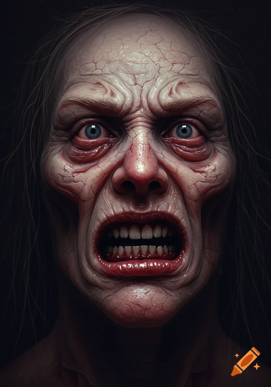 A close-up, detailed, horrific face with cracked skin, prominent veins, wide blue eyes, and an open mouth full of teeth.