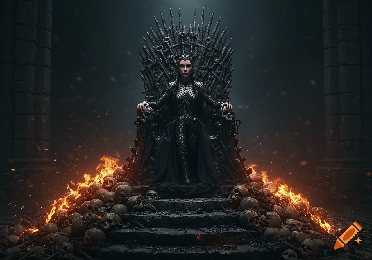 A dark queen in black armor sits regally on an iron throne made of keys, surrounded by a fiery pile of skulls in a dark, cinematic scene.