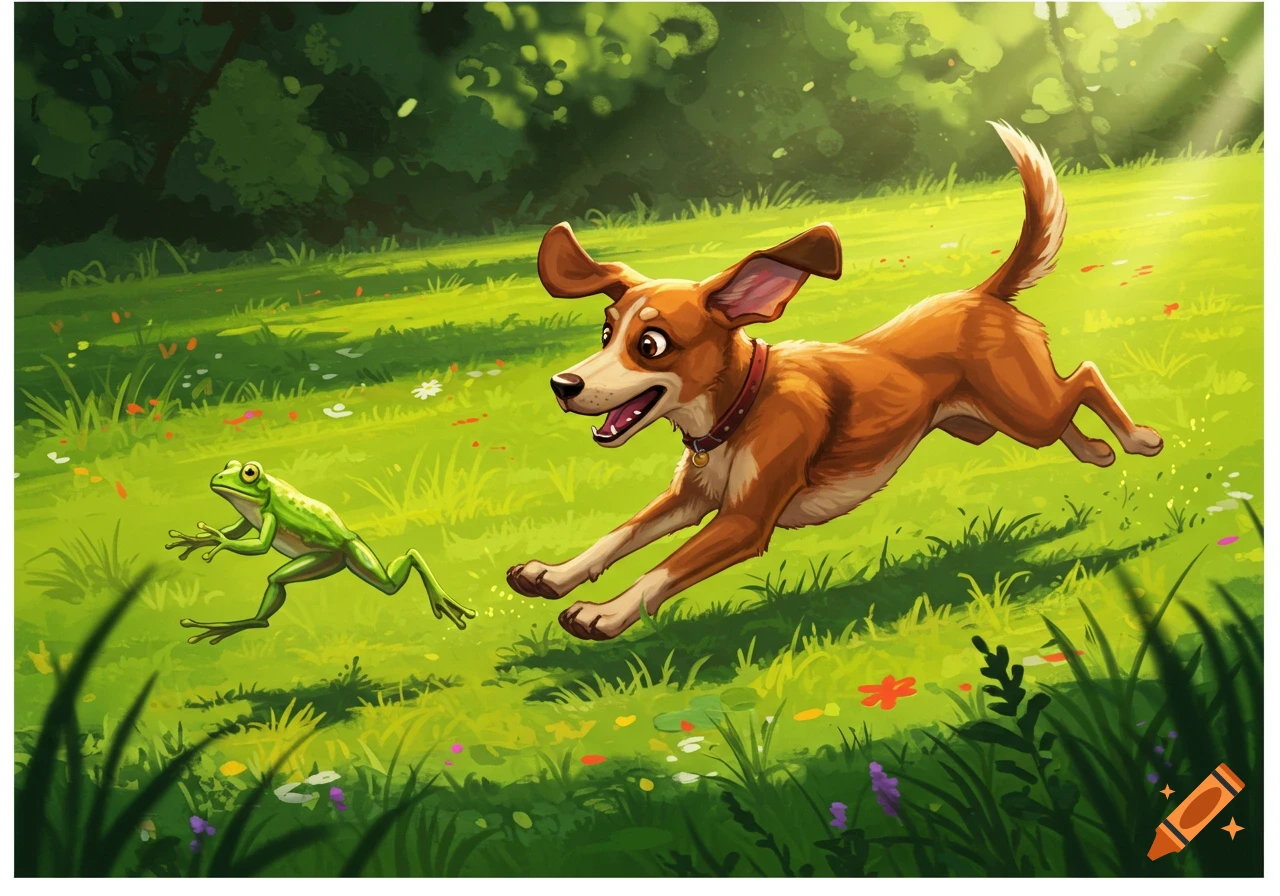 A happy cartoon dog with floppy ears chases a green frog through a sunlit, grassy field with flowers.