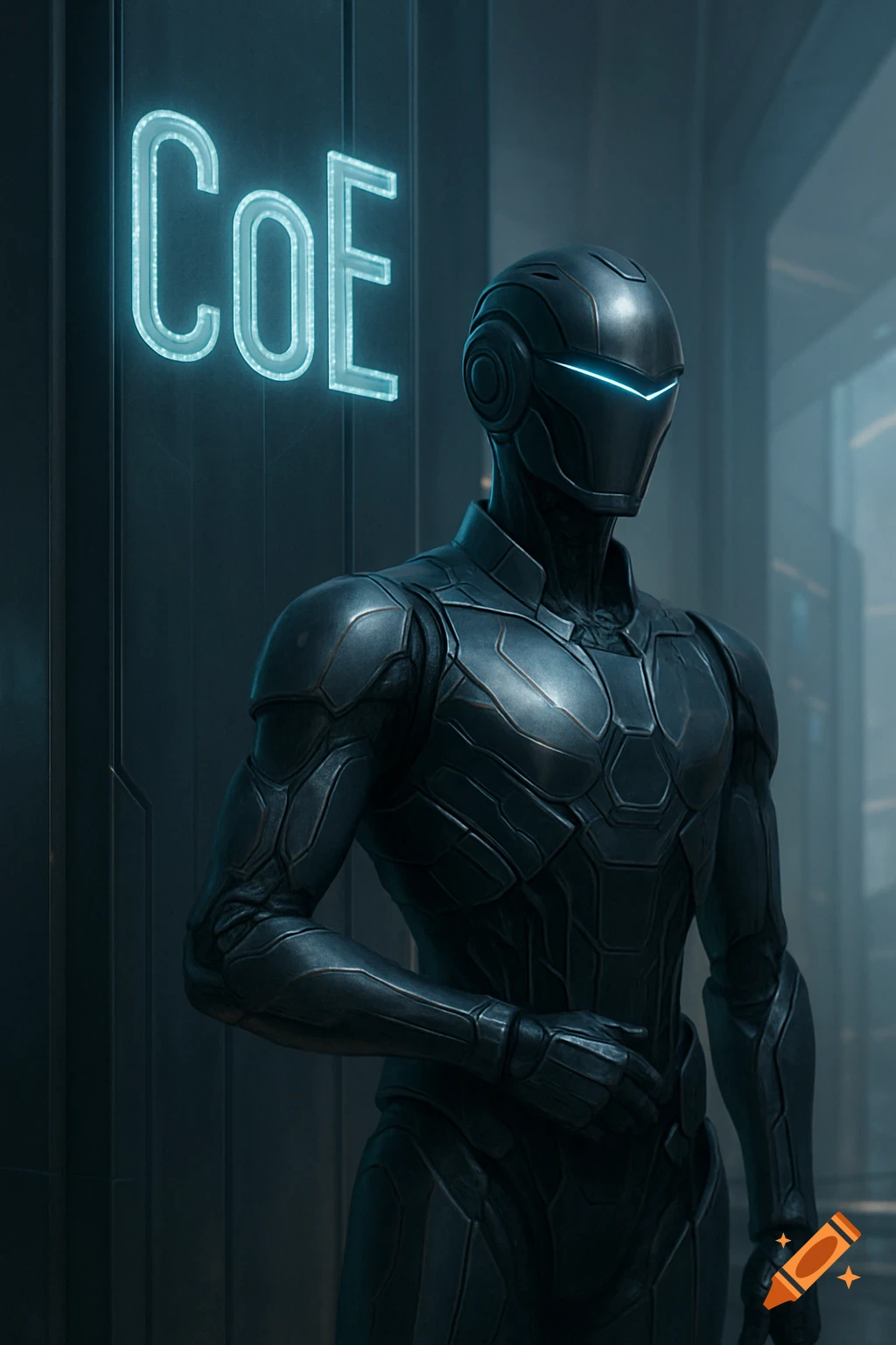 A black armored cyber steward with a glowing blue visor stands in front of a dark column with a neon 'CoE' sign.