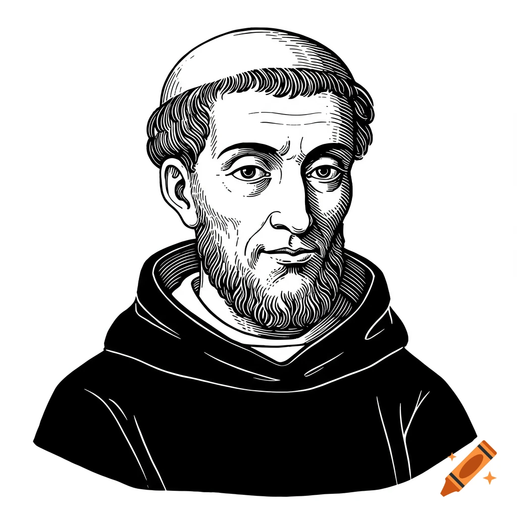 Black and white woodcut-style portrait of a bearded man in a simple tunic, looking forward.