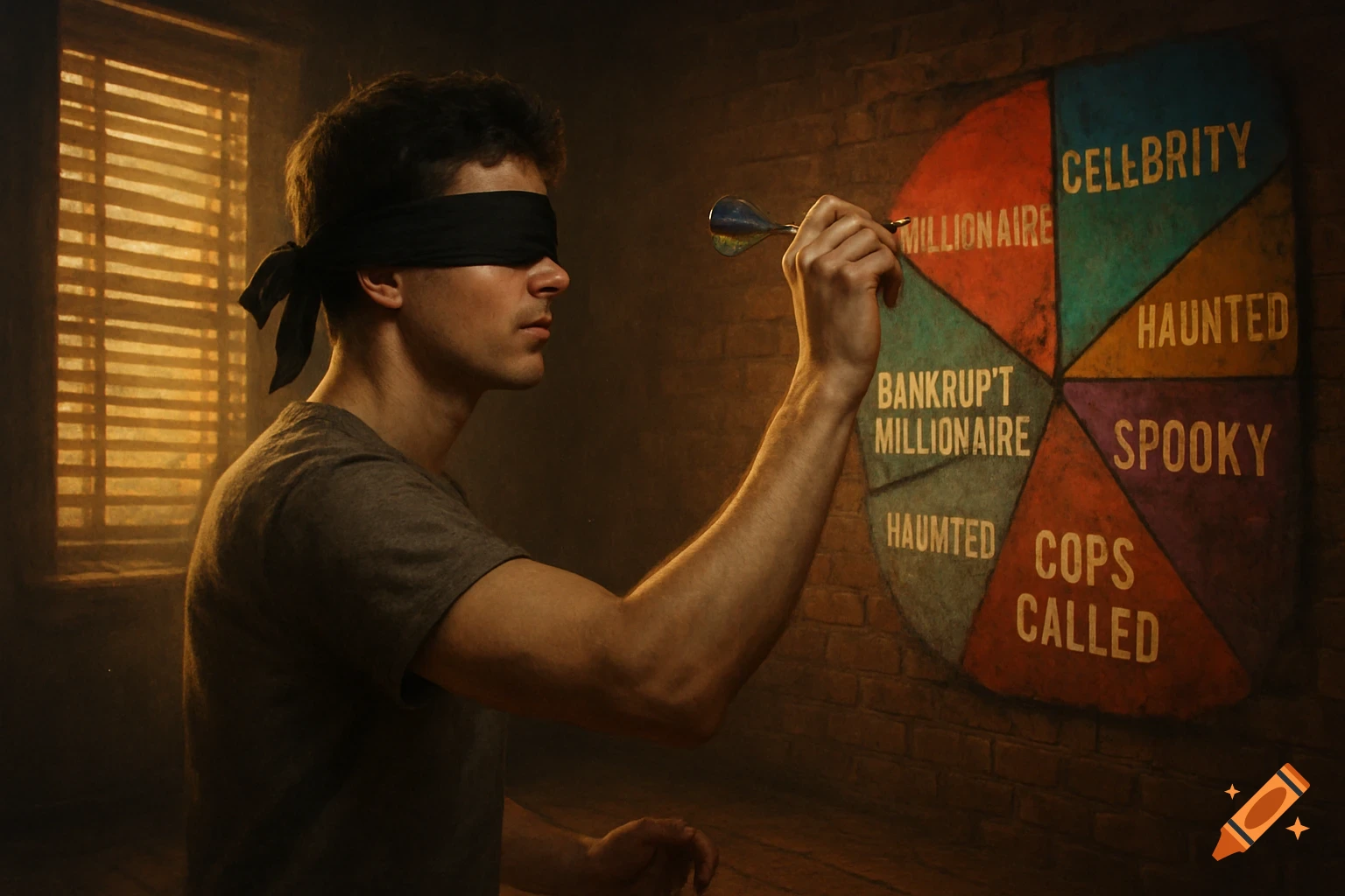 A blindfolded man prepares to throw a dart at a colorful dartboard with segments labeled "Millionaire," "Celebrity," "Haunted," "Spooky," and "Cops Called," in a dimly lit room.