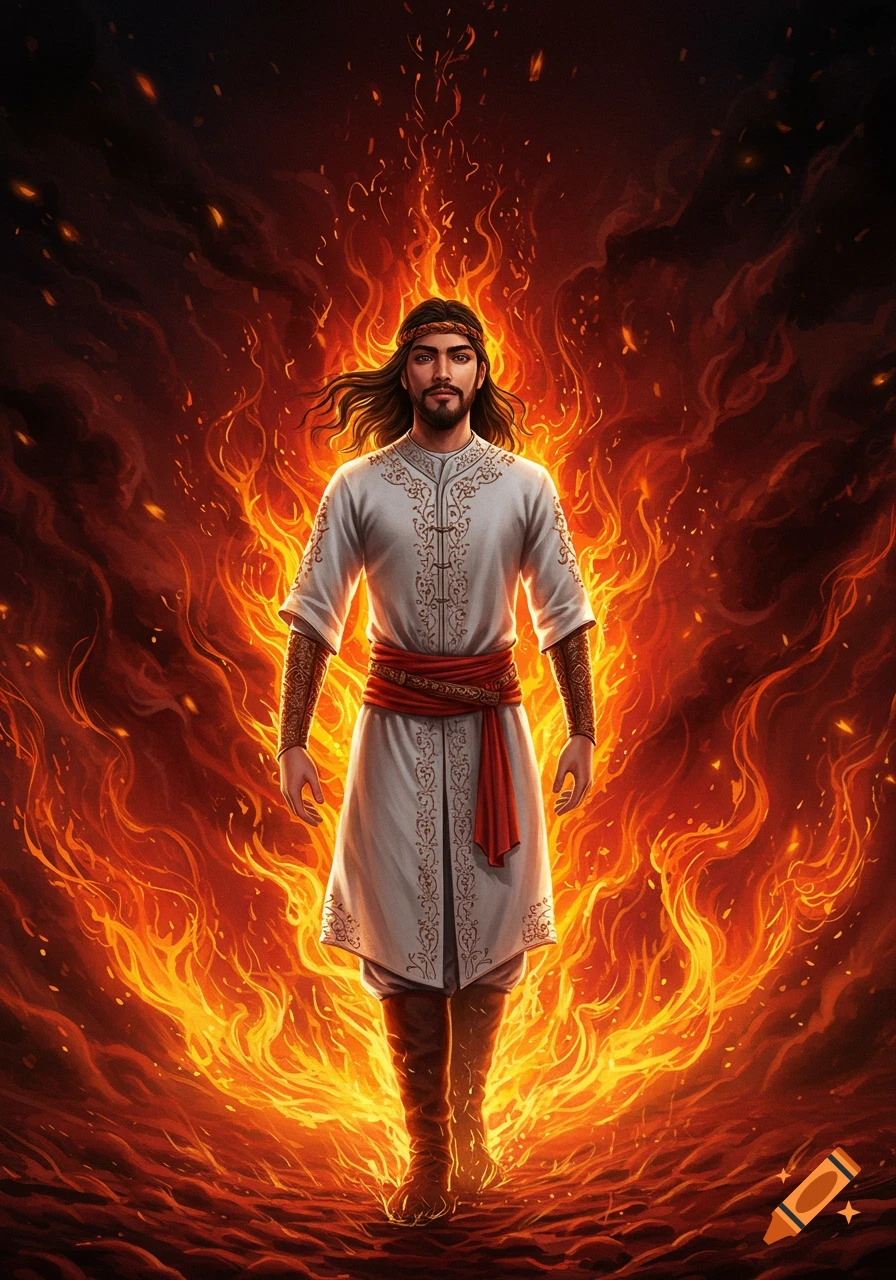 A man with long hair and beard in a white warrior outfit walks calmly through blazing fire in a detailed Persian miniature painting.