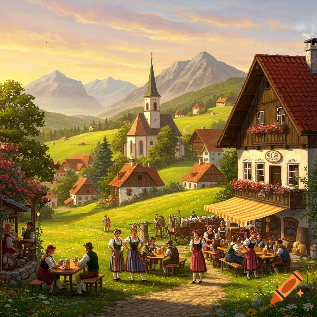 Vibrant painterly Bavarian village scene with people in traditional clothing, guesthouse, green hills, and mountains at sunset.
