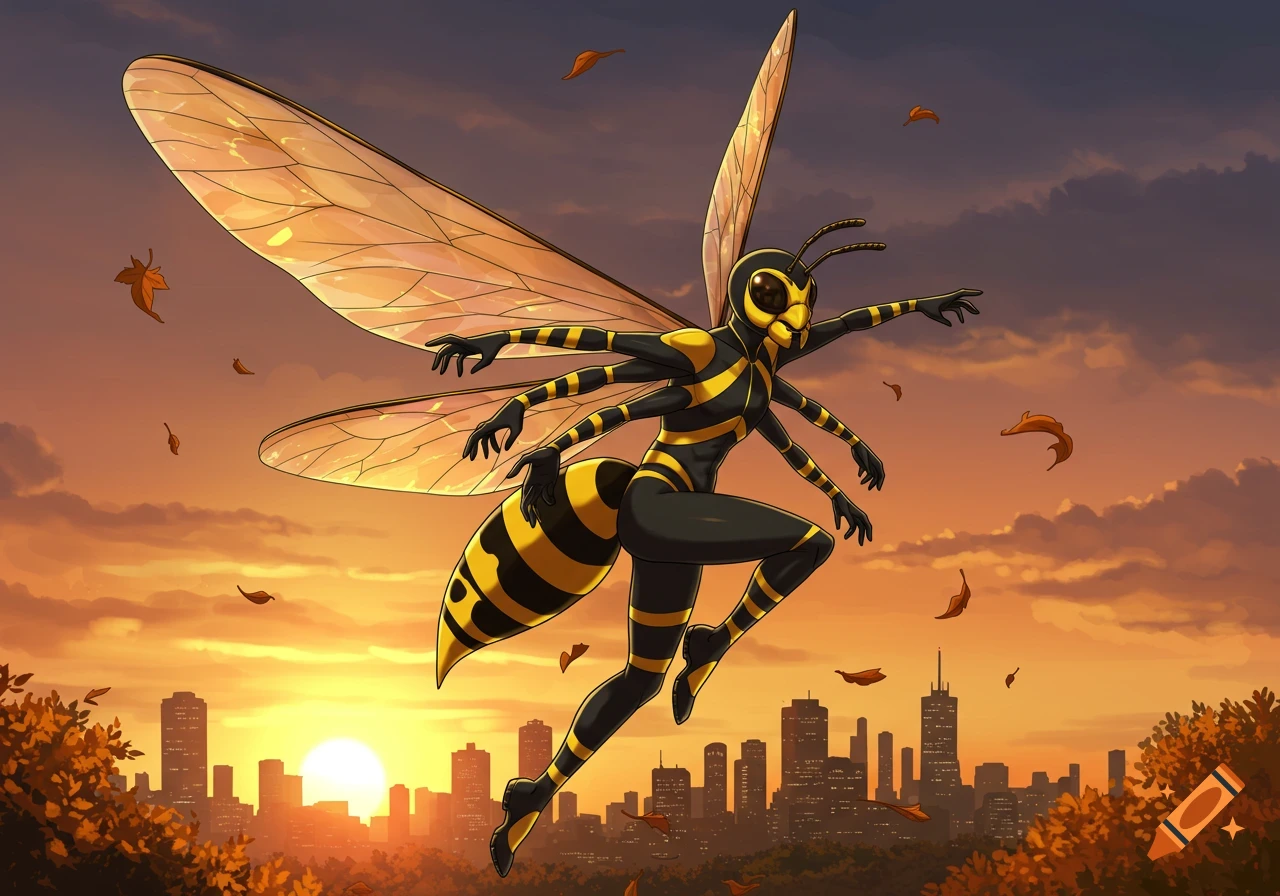 Anime wasp-human hybrid with six limbs and wings flying over a city skyline at sunset.