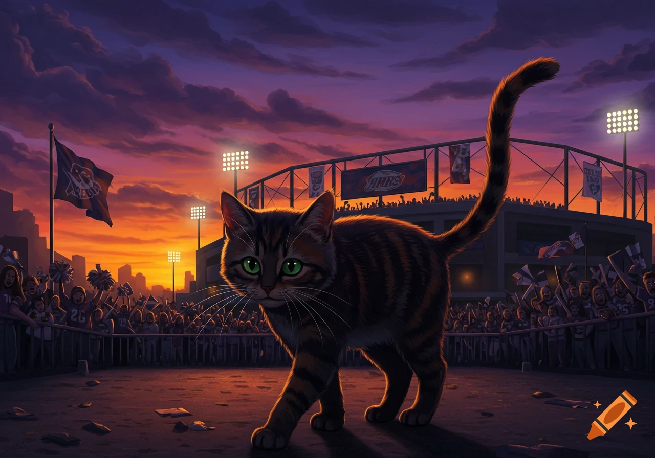 A tabby cat with glowing green eyes walks on a stadium field at sunset, with a cheering crowd and bright lights in the background.