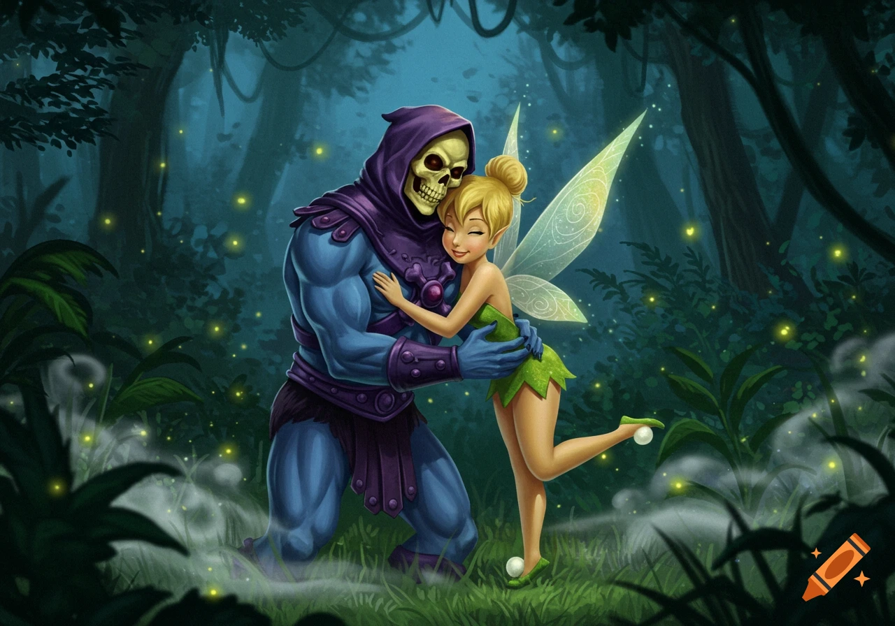 Skeletor and Tinkerbell embrace lovingly in a dark, magical forest with glowing fireflies in a cartoon style.