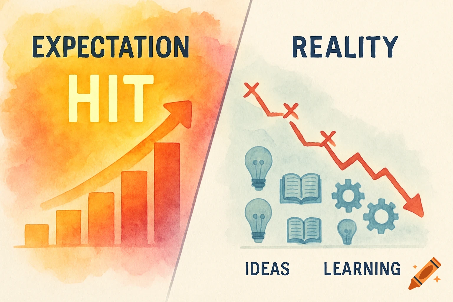 Watercolor infographic comparing expectation (upward chart) with reality (downward graph, ideas, learning).