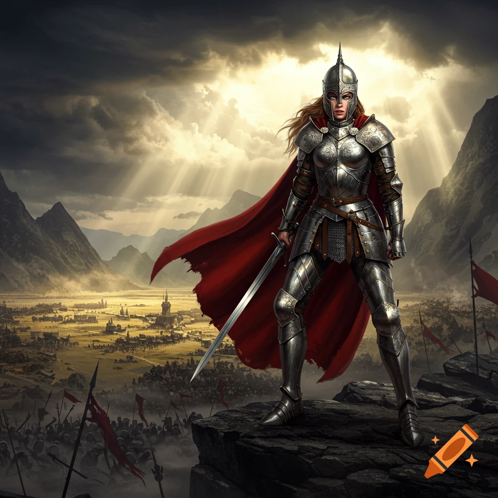 A female warrior in full plate armor and a red cape stands on a rock, holding a sword, overlooking a vast battlefield at sunset.