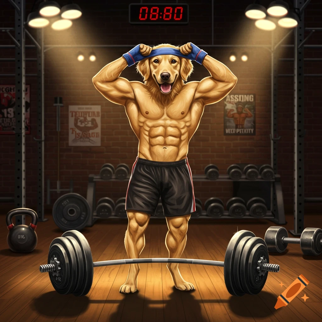 A muscular, anthropomorphic golden retriever dog in a gym, wearing shorts and a headband, with a barbell on the floor. Stylized illustration.