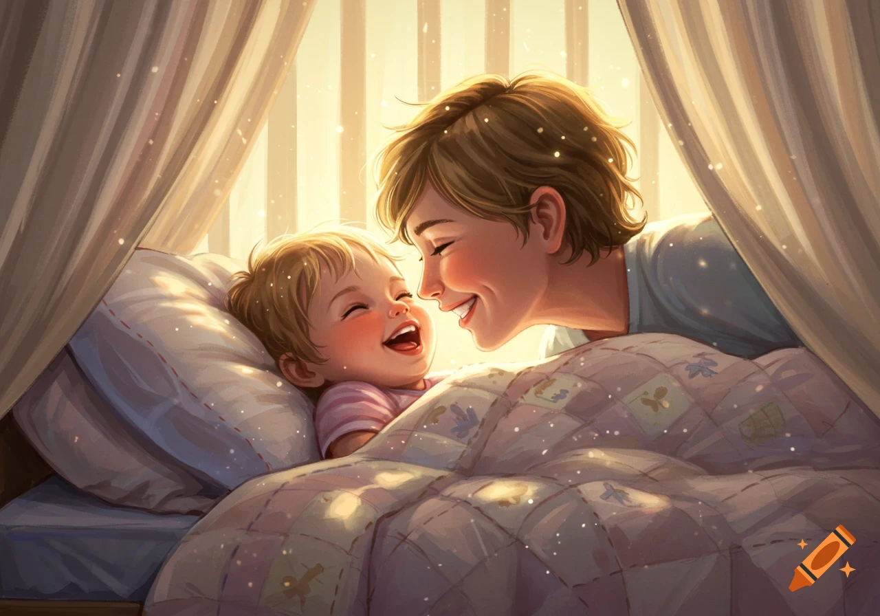 An illustration of a parent leaning in to playfully kiss a laughing toddler in bed, bathed in soft golden light.