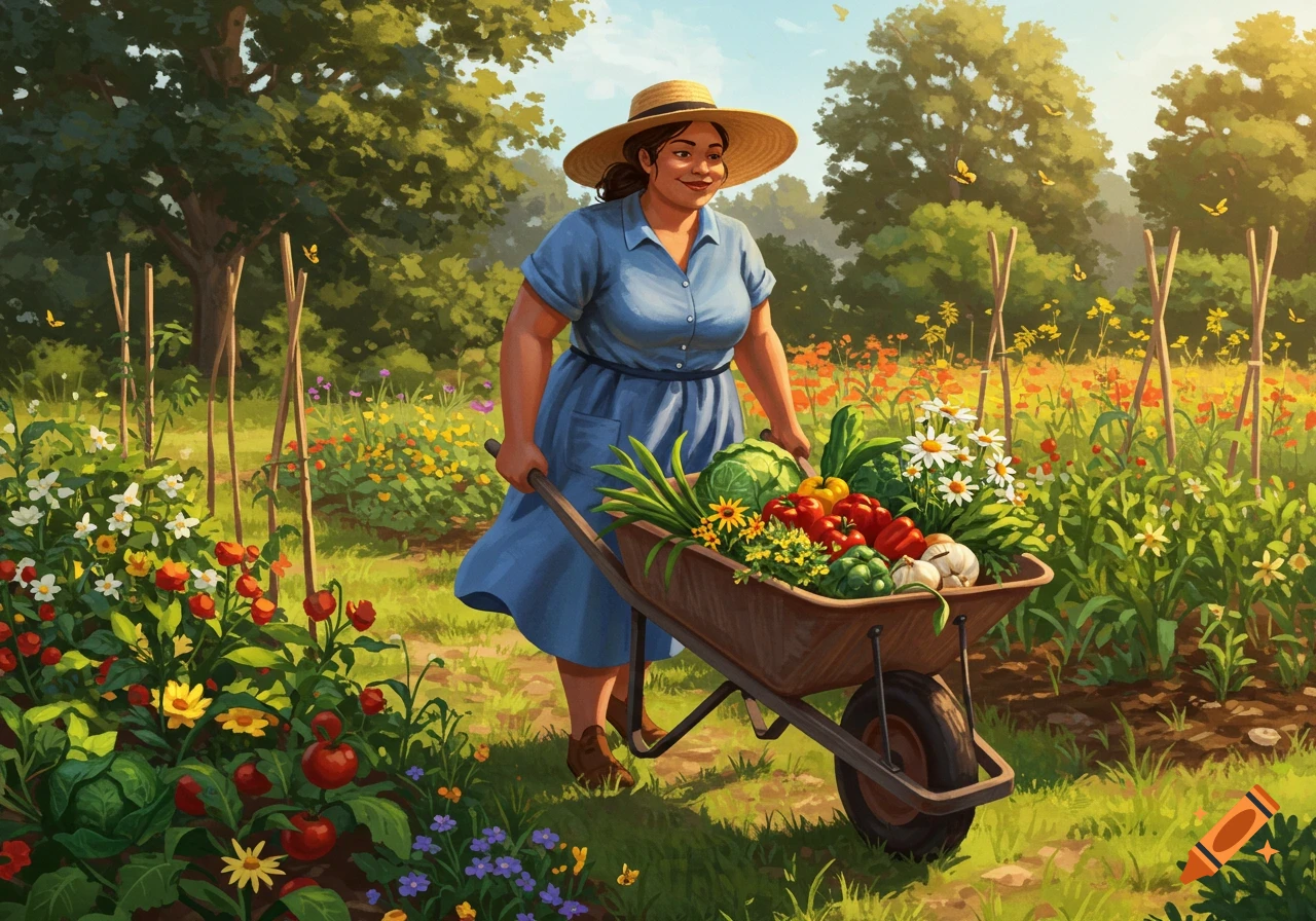 A smiling woman in a straw hat and blue dress pushes a wheelbarrow full of vegetables and flowers through a vibrant garden in an illustration.