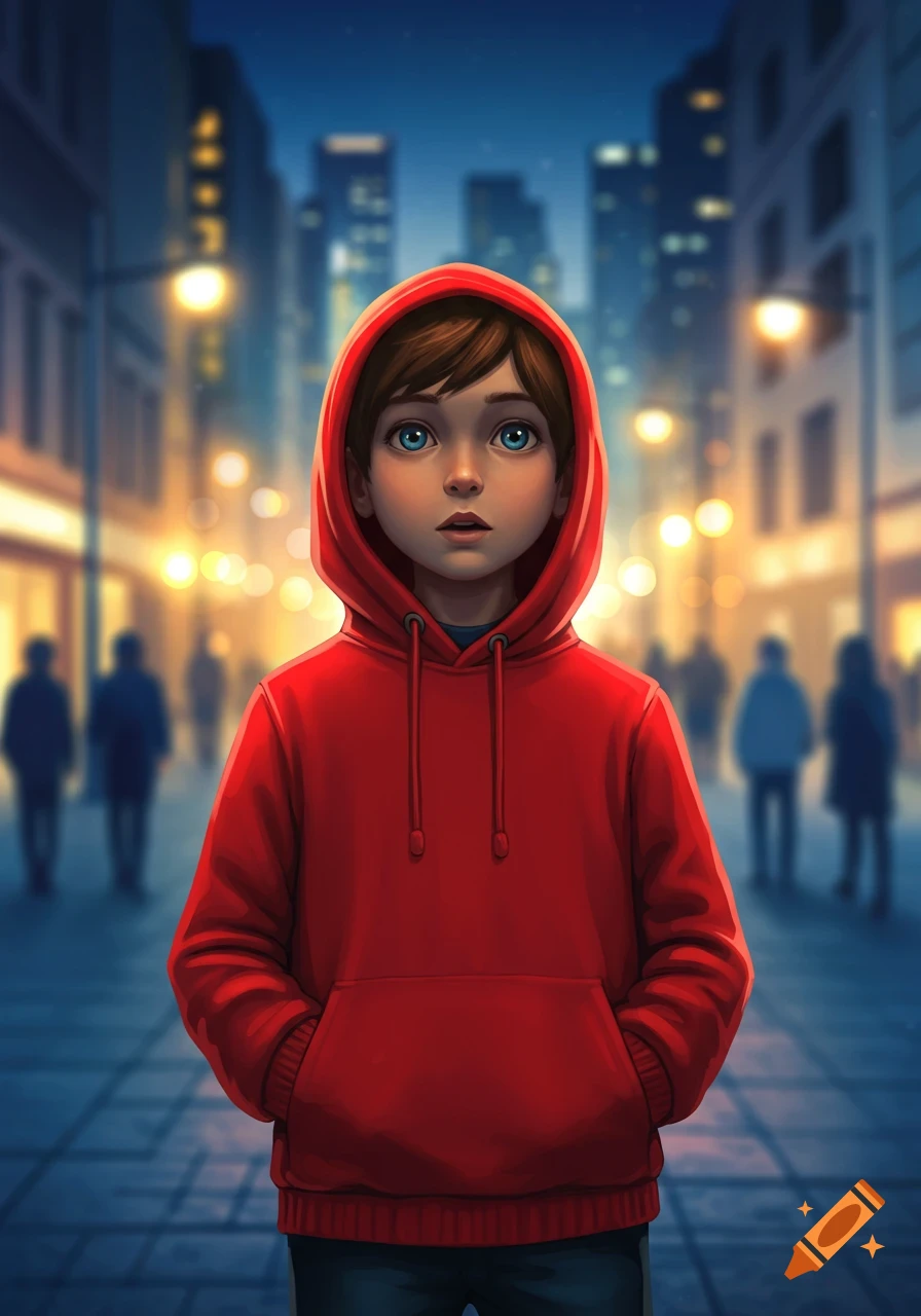 An illustration of a young boy in a red hoodie standing on a city street at night, looking forward with wide blue eyes.