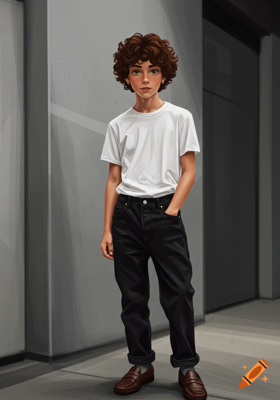A boy with short curly brown hair and hazel eyes, wearing a white t-shirt, black baggy jeans, and brown loafers, stands against a gray wall.