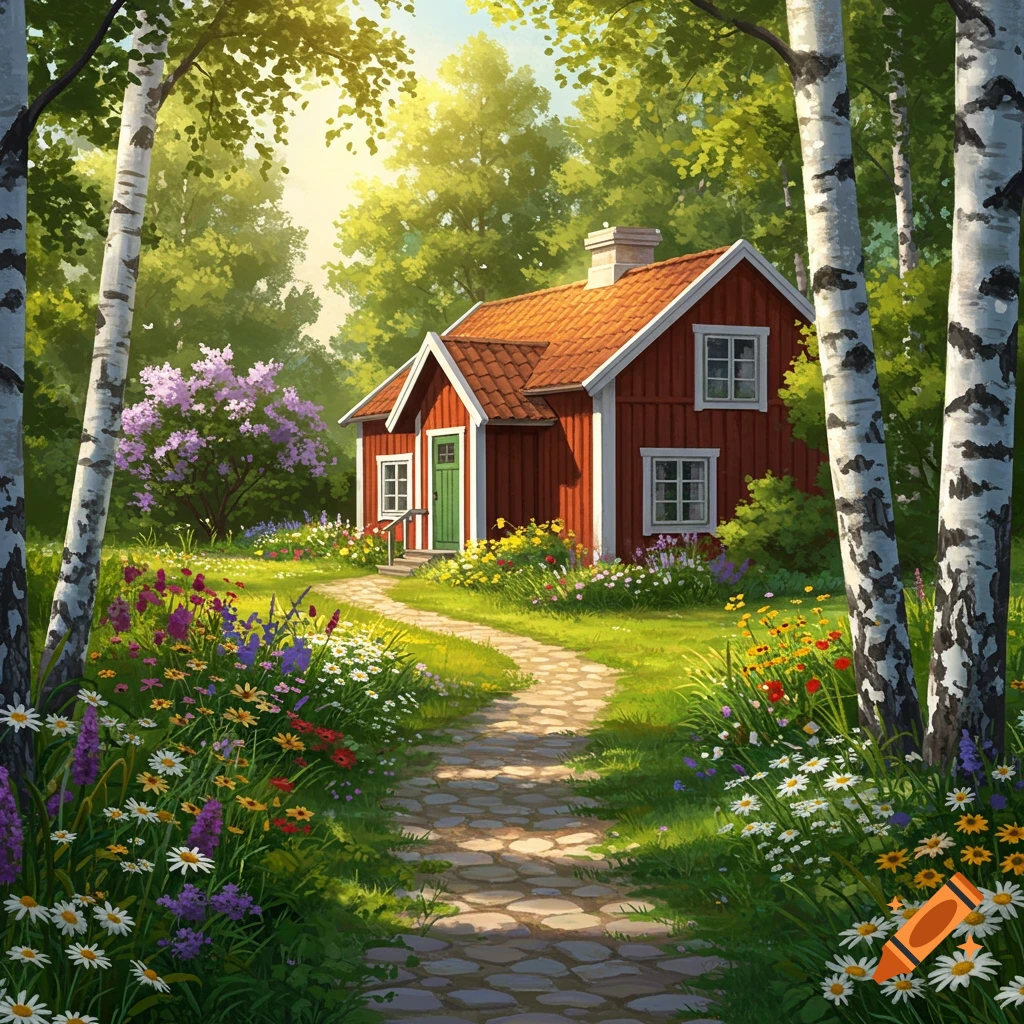 An idyllic red Swedish cottage with a green door, nestled in a vibrant, sunlit garden filled with colorful flowers and tall birch trees, with a stone path leading to the entrance.