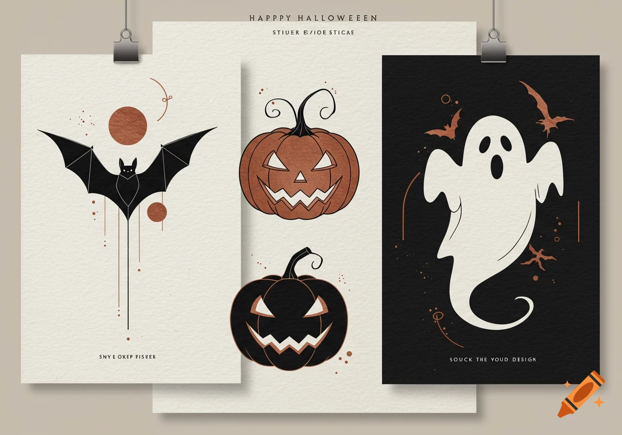 Minimalist Halloween posters featuring a bat with abstract lines, two jack-o'-lanterns, and a ghost with bats, in earthy tones and black.