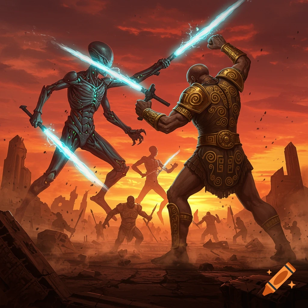A giant alien with glowing swords battles a muscular human warrior in ornate armor in a ruined, fiery landscape. Digital painting.