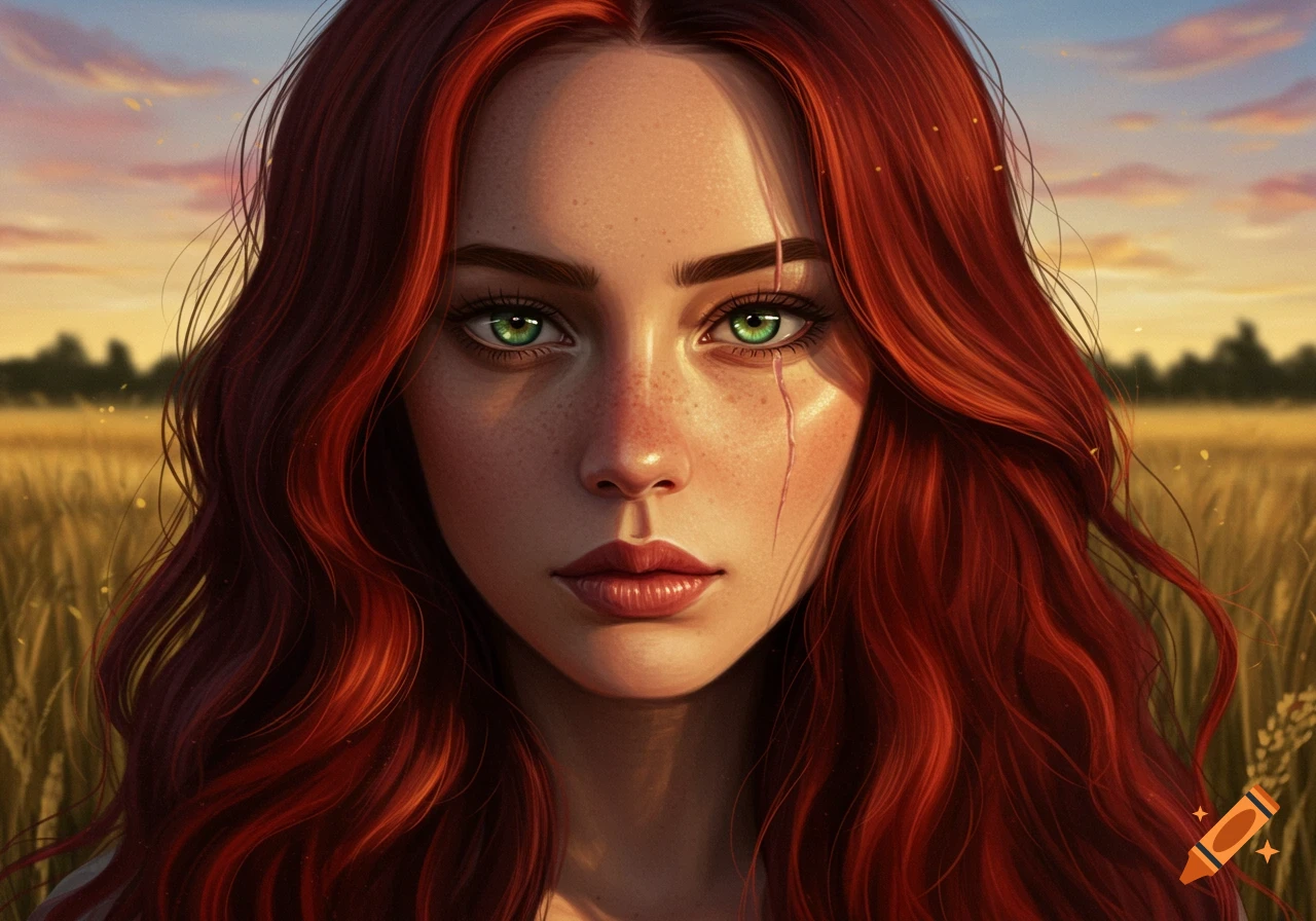 Digital painting of a woman with long red hair, green eyes, freckles, and a scar on her cheek, in a sunlit wheat field.