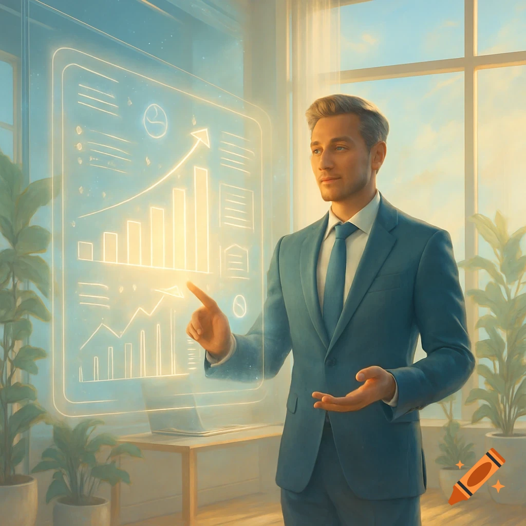 A man in a blue suit points at a holographic display showing financial graphs and charts in a bright office.