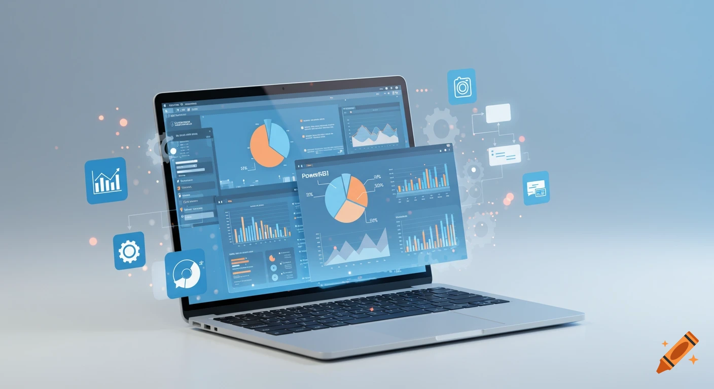 A laptop displaying interactive data dashboards with charts, graphs, and abstract analytics icons floating around it.