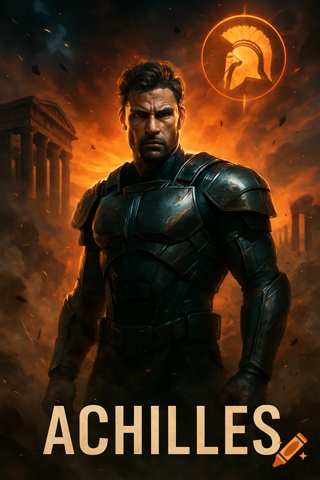 Movie poster of Achilles, a muscular warrior in dark armor before fiery ancient ruins, with 'ACHILLES' text and a Spartan helmet logo.