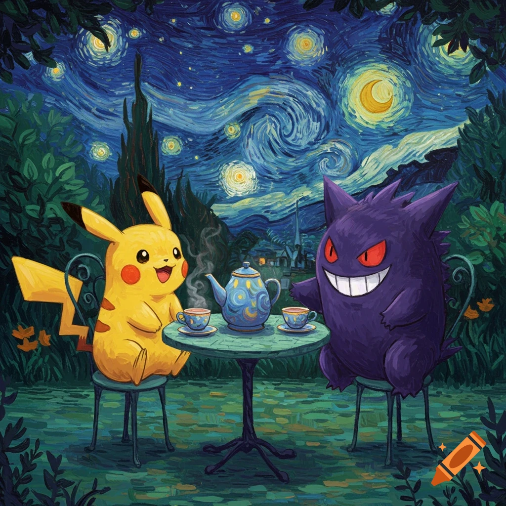 Pikachu and Gengar have tea at a table under a swirling, starry Van Gogh-style night sky with dark trees.