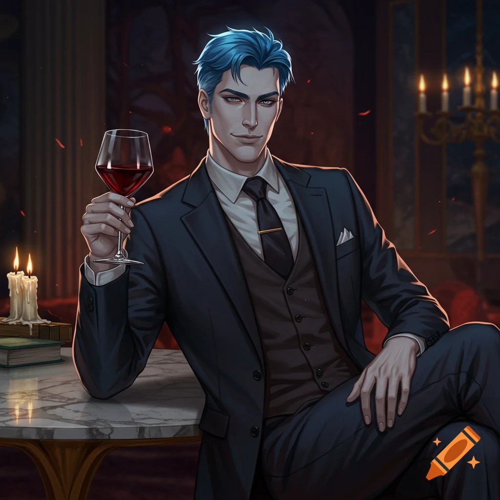 Digital art of a man with blue hair in an elegant suit, sitting casually with a glass of red wine in a dimly lit, luxurious room with candles.