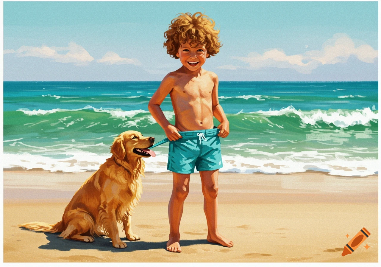 A smiling boy with curly hair in blue swim trunks stands on a sandy beach next to a golden retriever, with turquoise ocean waves in the background, in a stylized illustration.