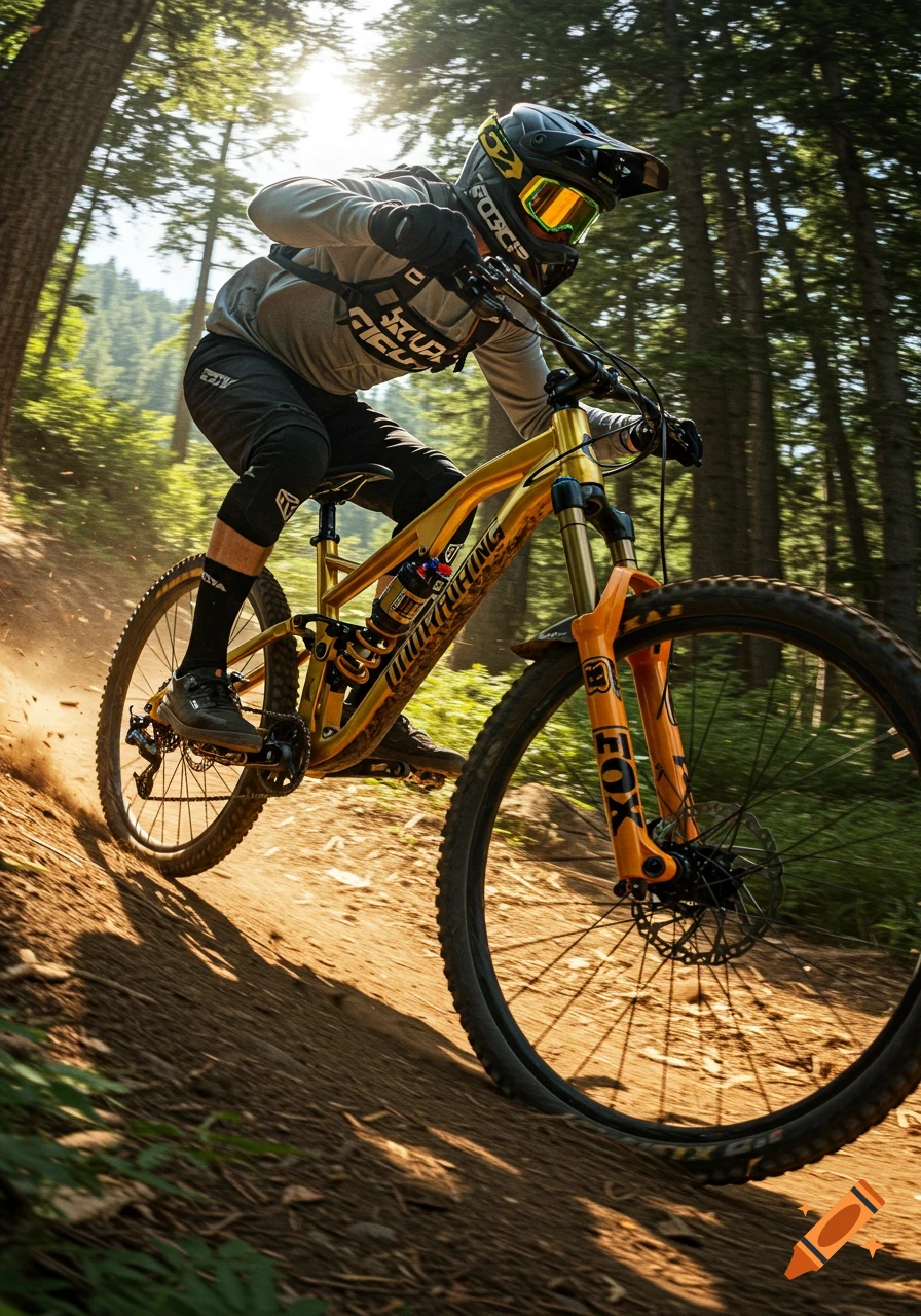 A low-angle, action shot of a mountain biker riding a gold full-suspension bike down a dirt trail in a sun-dappled forest.
