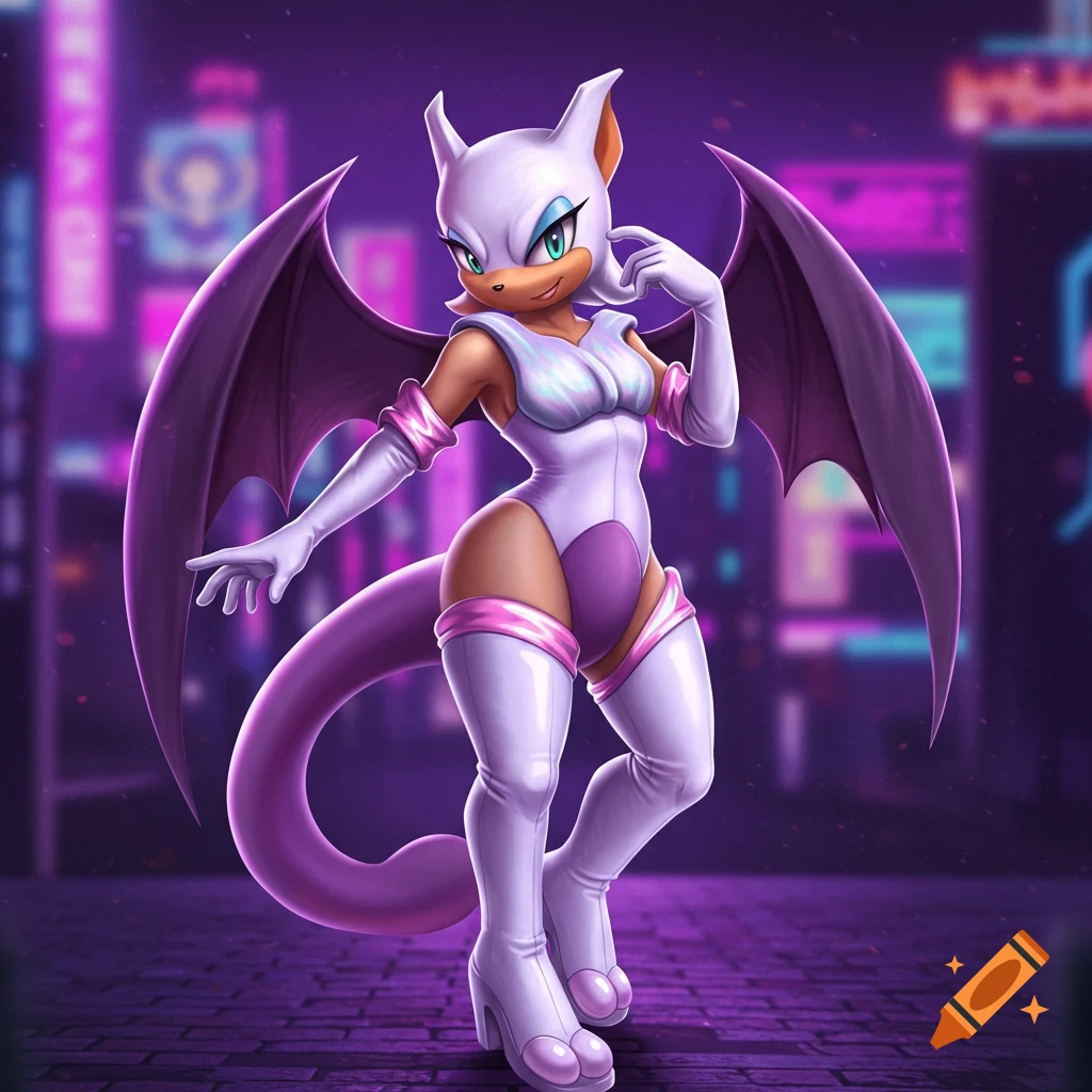 Rouge the Bat cosplaying as Mewtwo in a sleek white and purple suit, posing against a blurred neon city background.