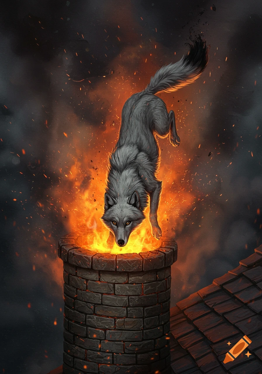 A gray wolf falls headfirst into a blazing stone chimney, surrounded by fire and embers against a dark, smoky background.