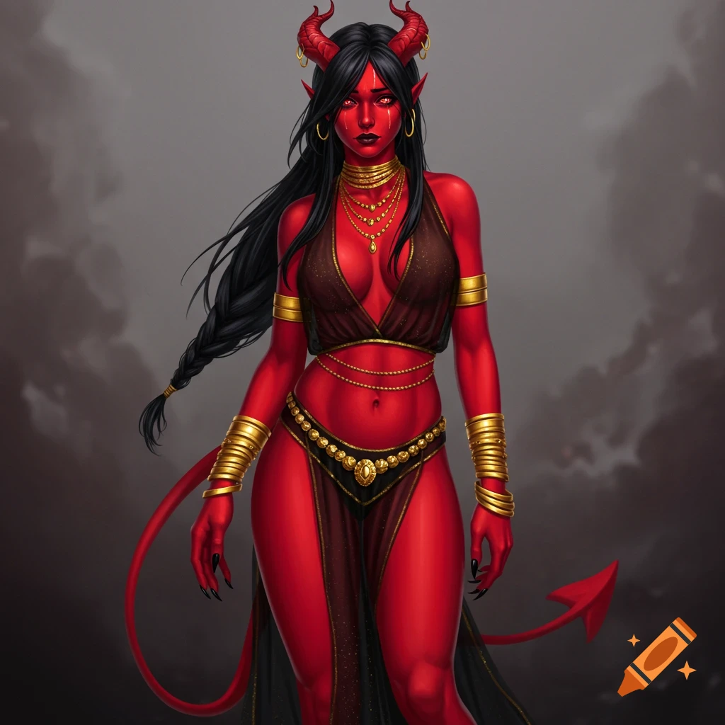 A full-body digital painting of a red-skinned female tiefling with black hair, red horns, and a tail, adorned in gold jewelry and sheer black clothing, with a sad expression.