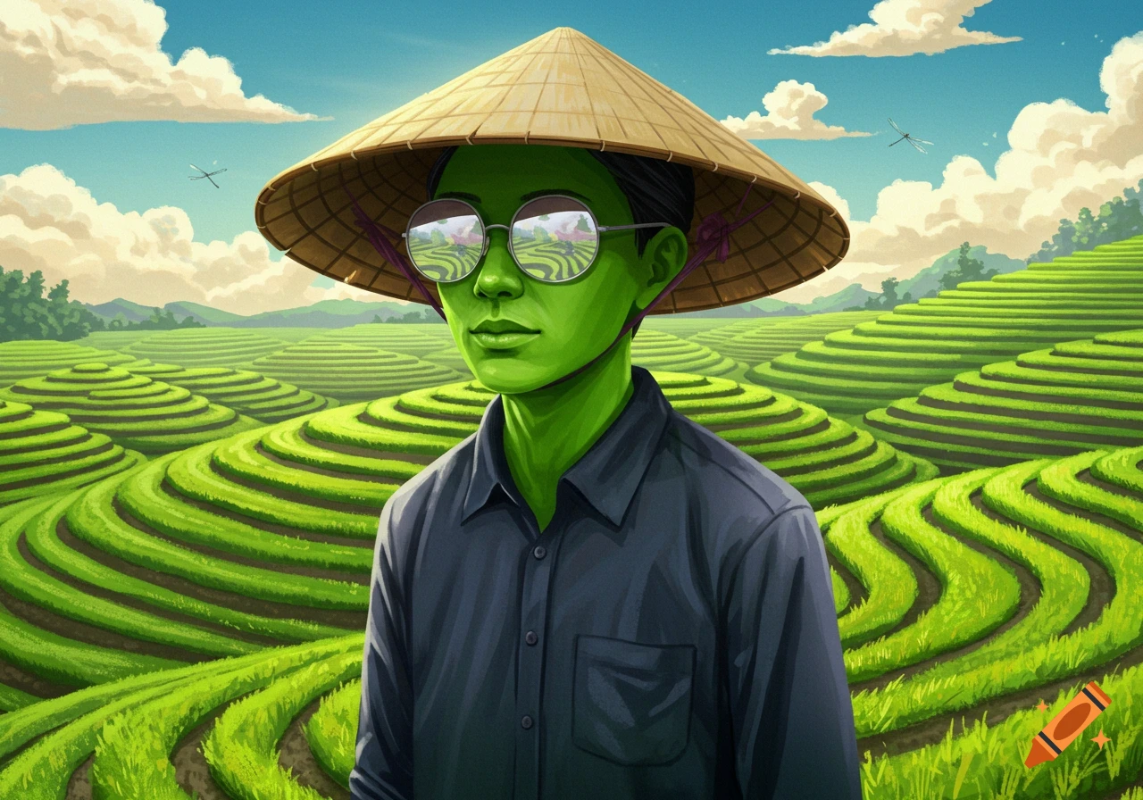A person with green skin and round sunglasses wears a conical hat, standing in vibrant green terraced rice fields under a blue sky.