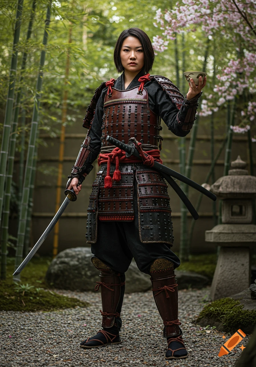 A female samurai stands in a Japanese garden, holding a wakizashi and a tea bowl, amidst bamboo and cherry blossoms.