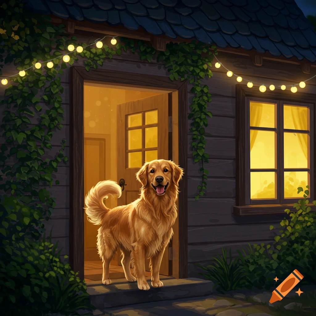 A happy Golden Retriever stands in the open doorway of a cozy house at night, lit by string lights. Illustration style.