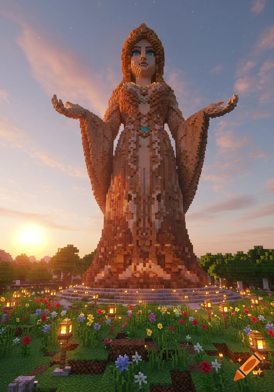 A massive blocky Minecraft statue of a woman with outstretched arms stands in a colorful flower garden at sunset.