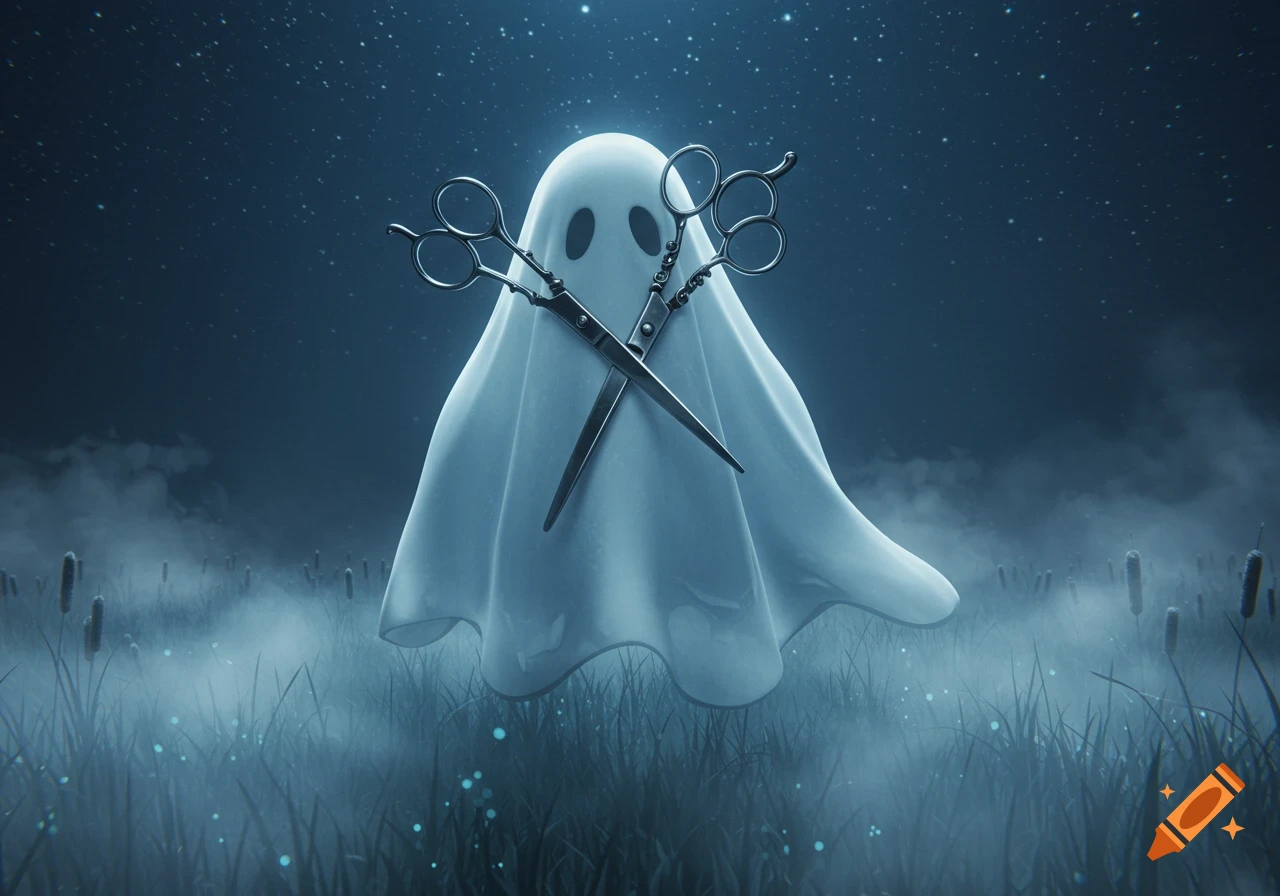 A whimsical sheet ghost with large silver hairdressing scissors for eyes, standing in a misty, grassy field under a starry night sky.