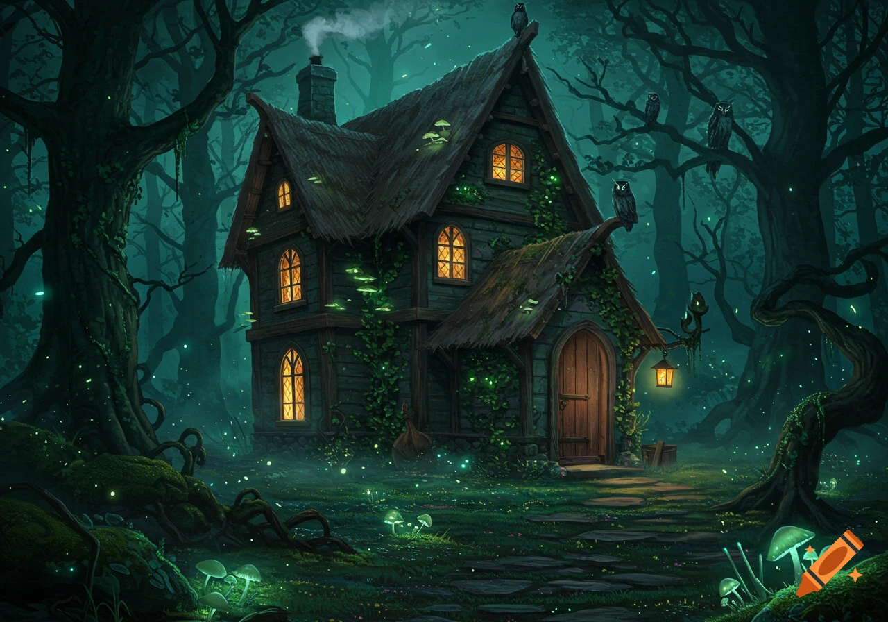 A dark, enchanting witch's house with glowing windows in a mystical, mossy forest with luminescent mushrooms and owls perched on the roof.