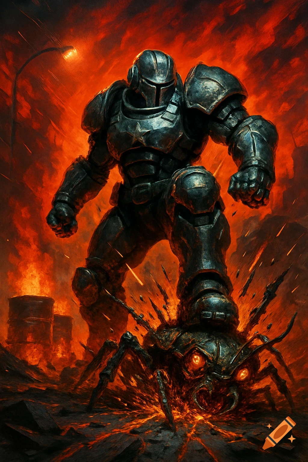 A heavily armored soldier stomps on a giant, glowing-eyed insect creature in a fiery, apocalyptic landscape.